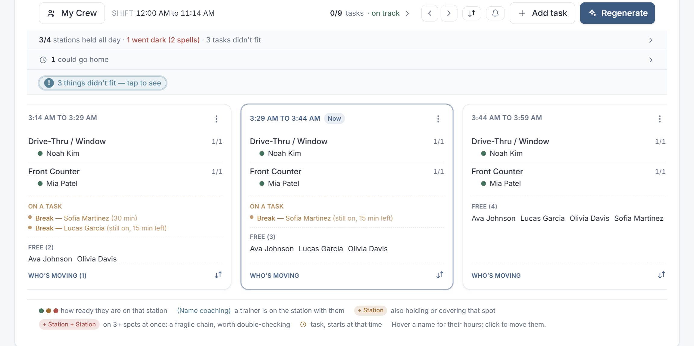 The CrewSharp planner: a whole-day shift plan laid out block by block, station by station.